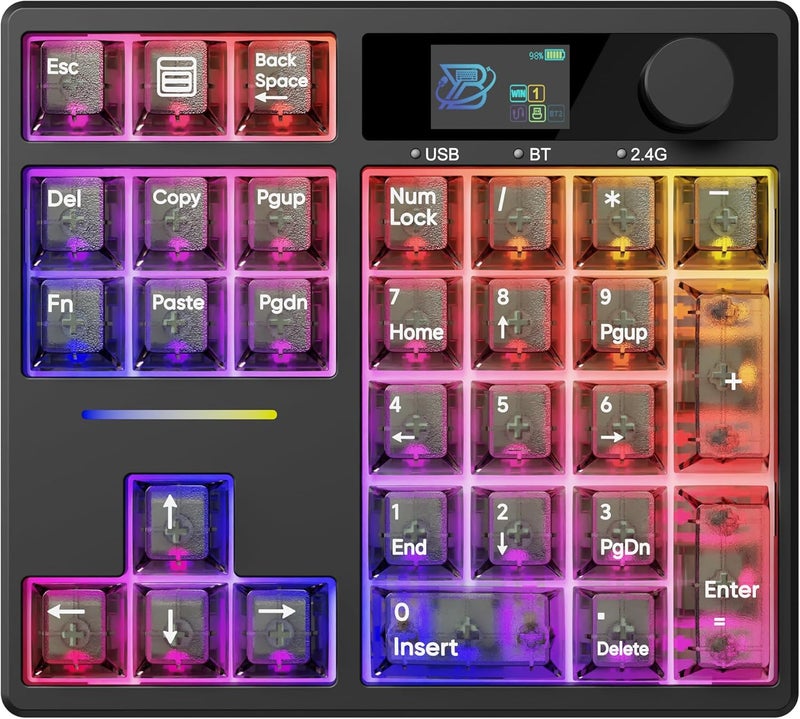 zMAX X BOYI TD31Pro Mechanical Numpad,Hot Swap Wireless BT5.0/2.4GHz/Type-C Wired Numeric Keypad with Screen&Knob,30Keys PBT Keycaps RGB Gaming Macro Number Pad for PC Laptop (Transparent Black) - Image 1